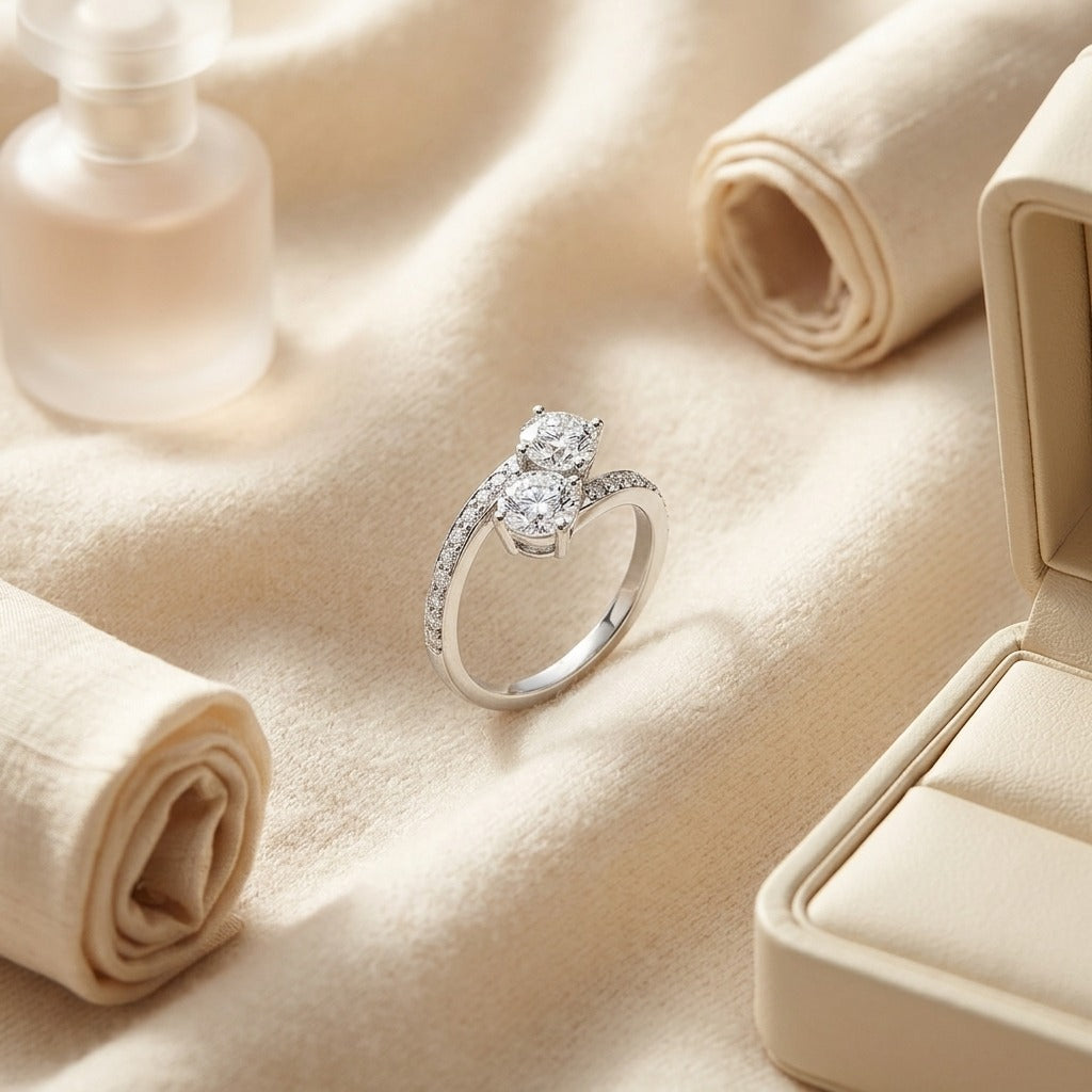 2 Stone Diamond Bypass Ring in 14k White Gold (1 Ct. Tw.) — textile flat lay