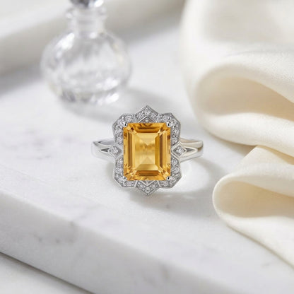 Citrine Emerald Cut And Diamond Ring In 14k White Gold (1/5 Ct.tw.) — atelier still life