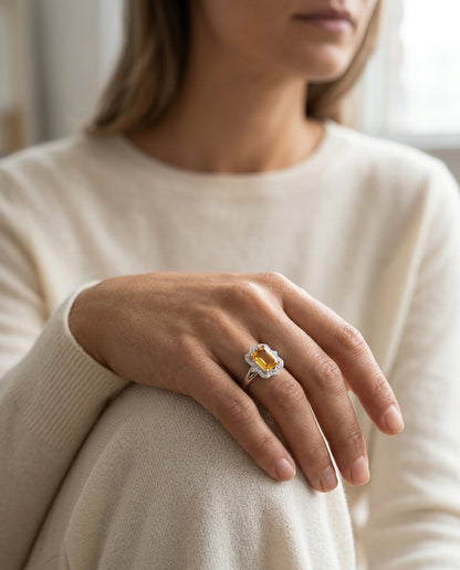 Citrine Emerald Cut And Diamond Ring In 14k White Gold (1/5 Ct.tw.) — editorial close-up
