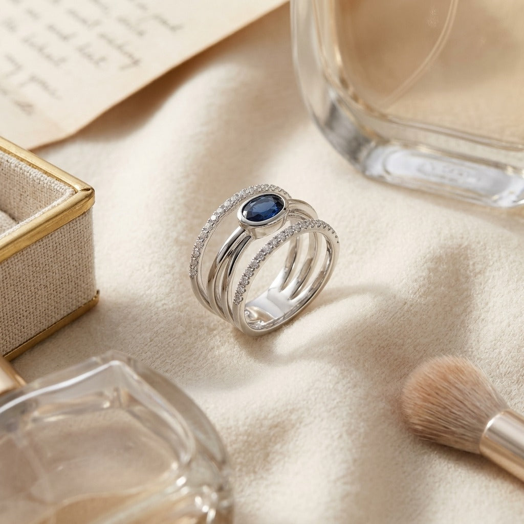 Sapphire And Diamond Open Work Ring In 14k White Gold (1/4 Ct.tw.) — textile flat lay