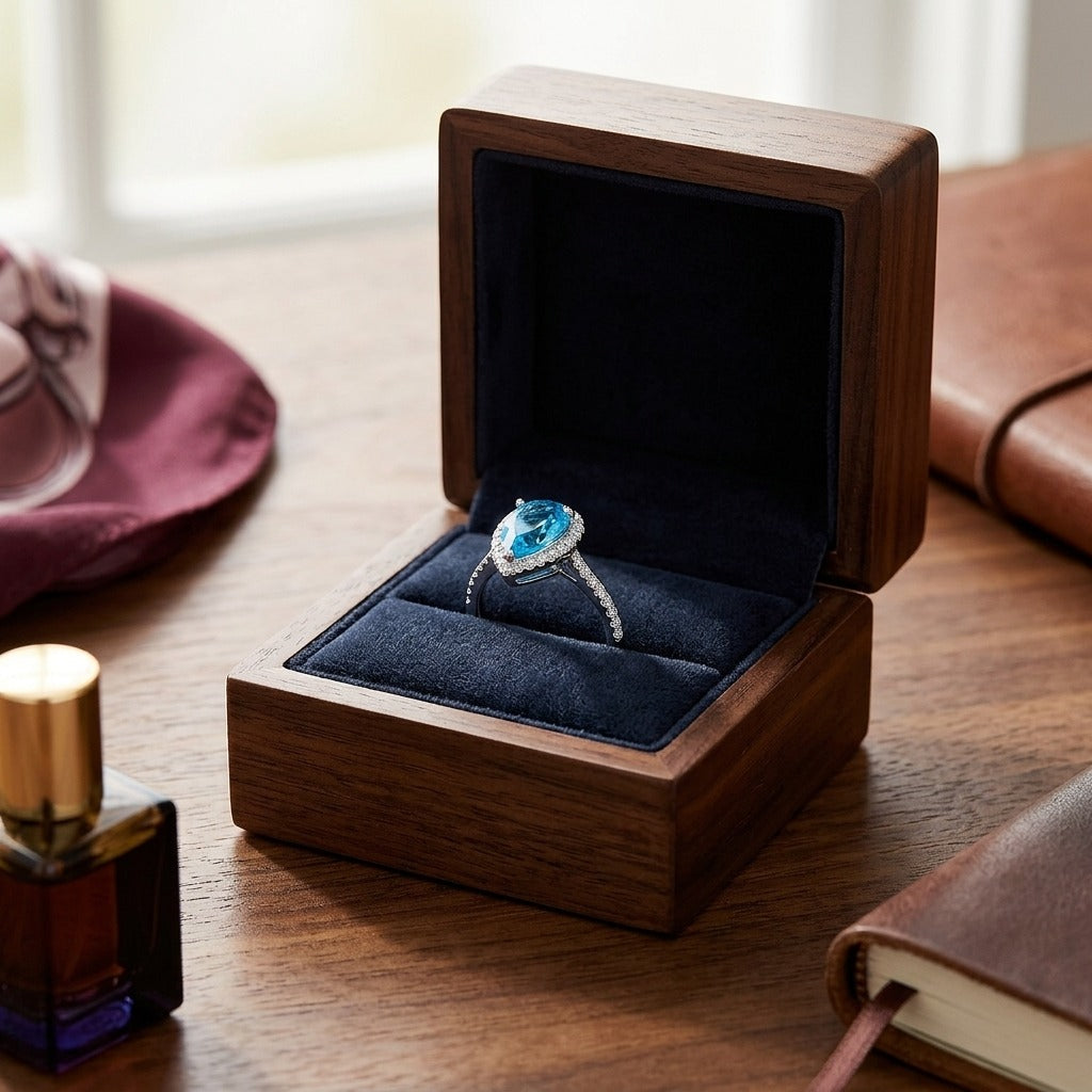 Blue Topaz and Diamond Pear Shape Halo Ring in 14k White Gold (9x6mm) — velvet box