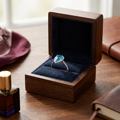Blue Topaz and Diamond Pear Shape Halo Ring in 14k White Gold (9x6mm) — velvet box