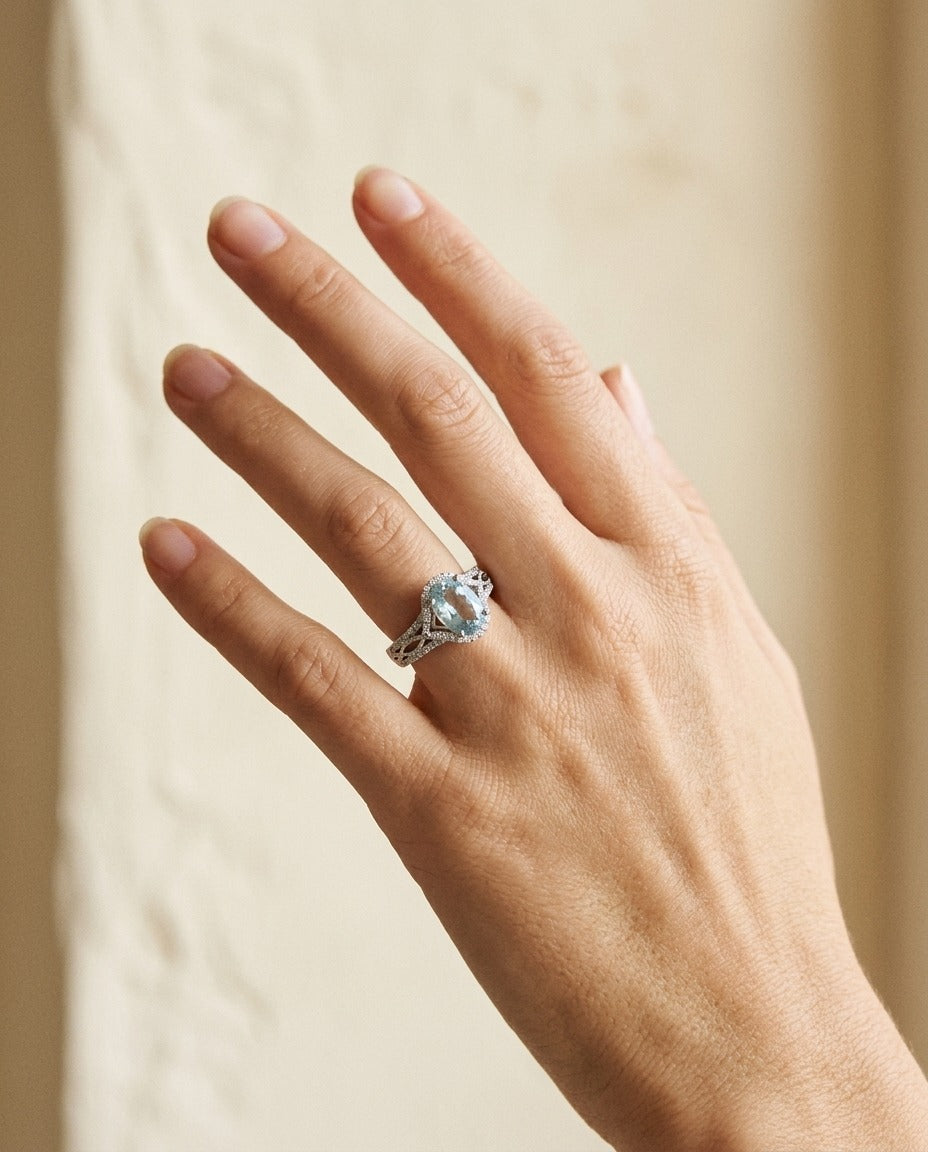 Aquamarine Oval and Diamond Ring 14k White Gold — portrait close