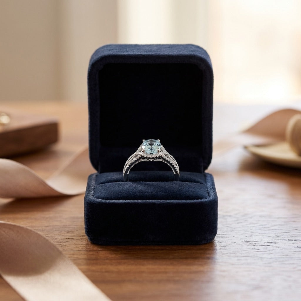 Aquamarine Oval and Diamond Ring 14k White Gold — velvet box
