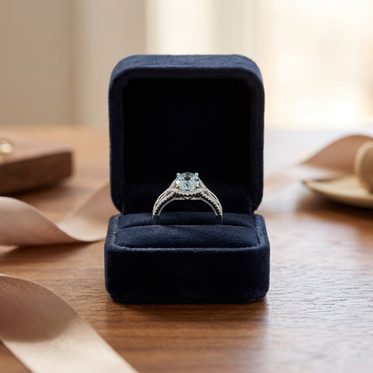 Aquamarine Oval and Diamond Ring 14k White Gold — velvet box