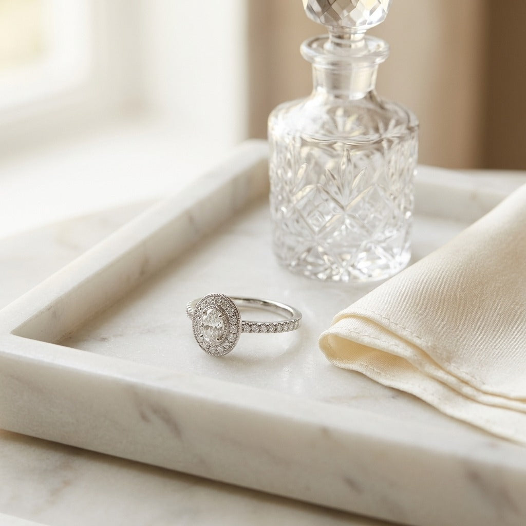 Diamond Oval Halo Slim Shank Ring in 14k White Gold (1/2ctw) — marble silk