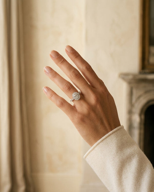 Diamond Oval Halo Slim Shank Ring in 14k White Gold (1/2ctw) — portrait close
