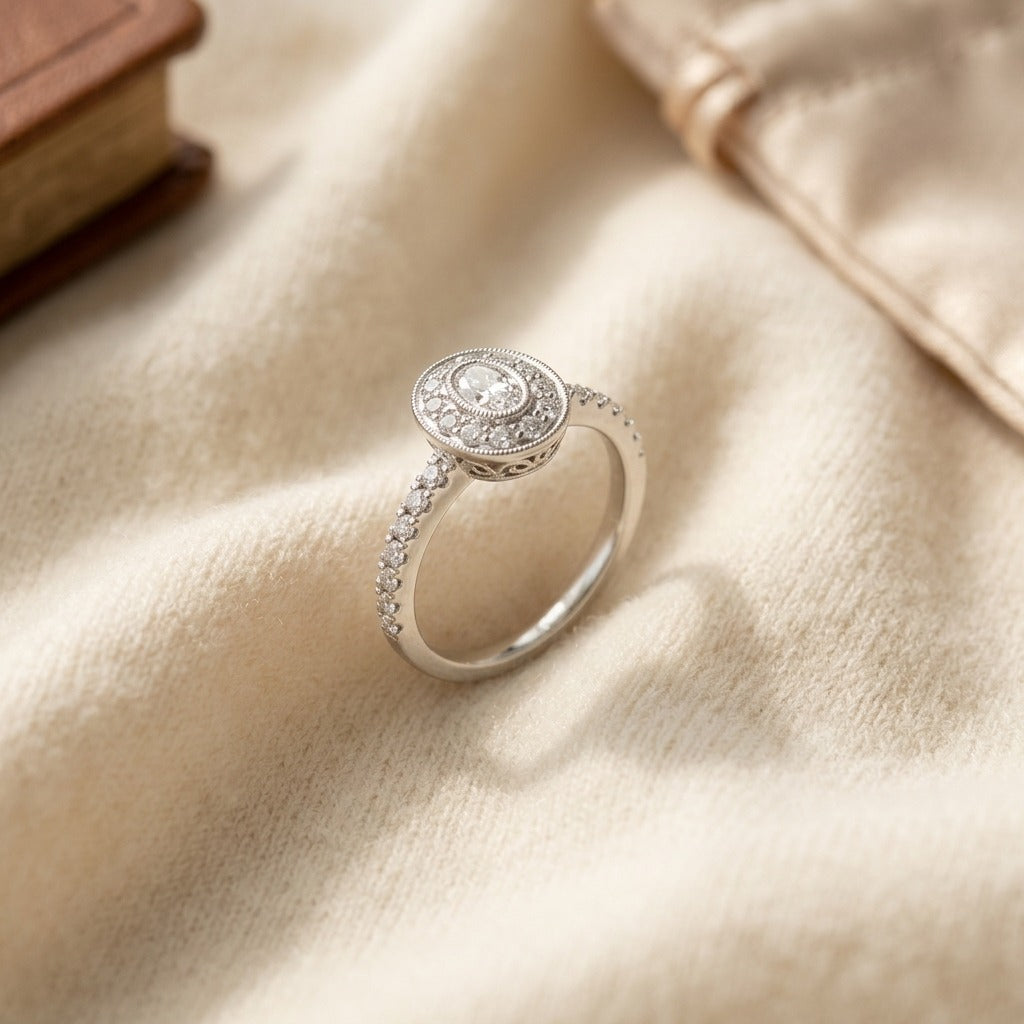 Diamond Oval Halo Slim Shank Ring in 14k White Gold (1/2ctw) — textile flat lay