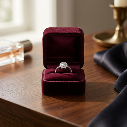 Diamond Oval Halo Slim Shank Ring in 14k White Gold (1/2ctw) — velvet box