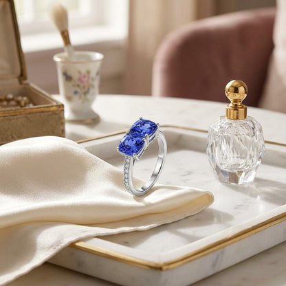 Tanzanite Double Stone and Diamond Pave Shank Ring in 14k White Gold — marble silk