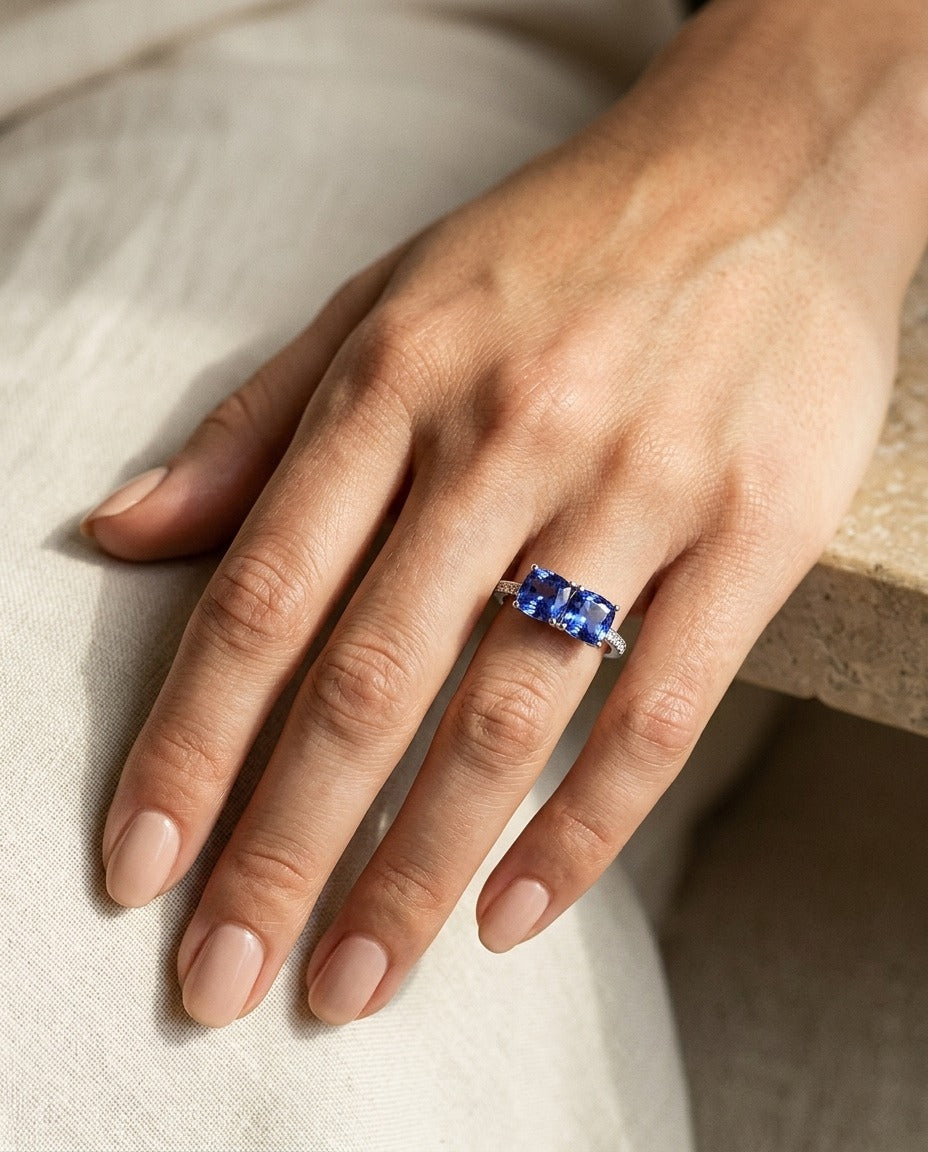 Tanzanite Double Stone and Diamond Pave Shank Ring in 14k White Gold — portrait close