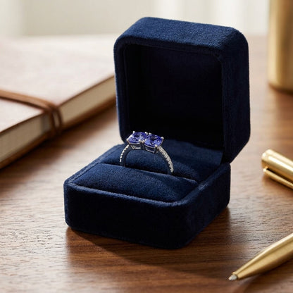 Tanzanite Double Stone and Diamond Pave Shank Ring in 14k White Gold — velvet box