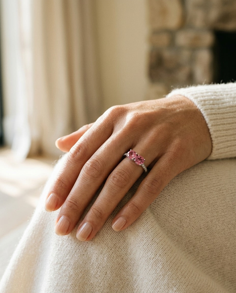 Pink Tourmaline Double Stone and Diamond Pave Shank Ring in 14k White Gold — portrait close