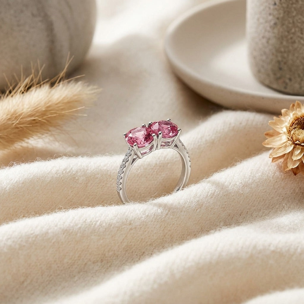 Pink Tourmaline Double Stone and Diamond Pave Shank Ring in 14k White Gold — textile flat lay
