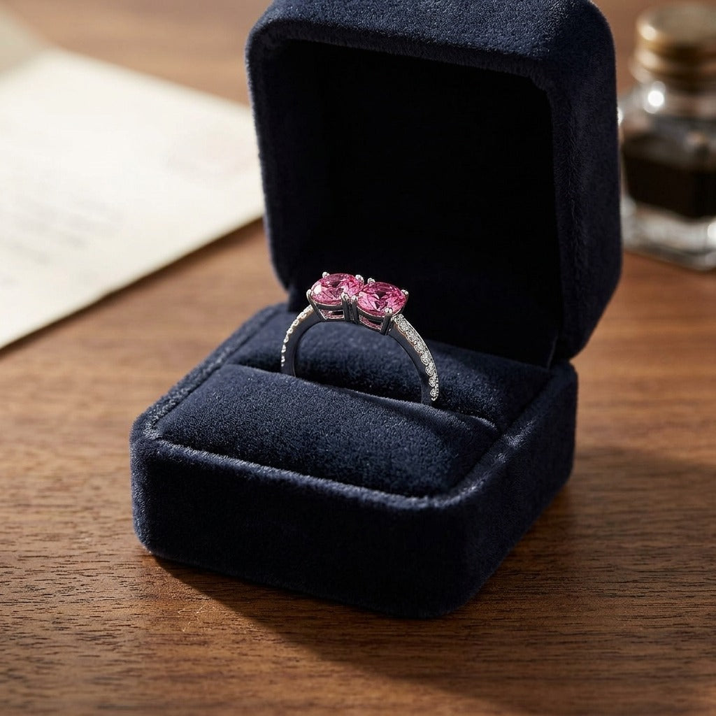 Pink Tourmaline Double Stone and Diamond Pave Shank Ring in 14k White Gold — velvet box