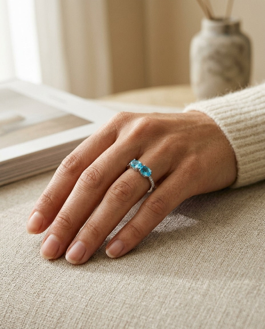 Blue Topaz Duet and Pave Diamond Shank in 14k White Gold — portrait close
