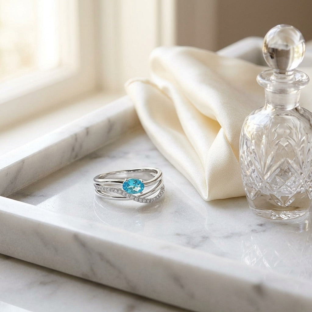 Blue Topaz and Diamond Pave Bypass Ring in 14k White Gold — marble silk