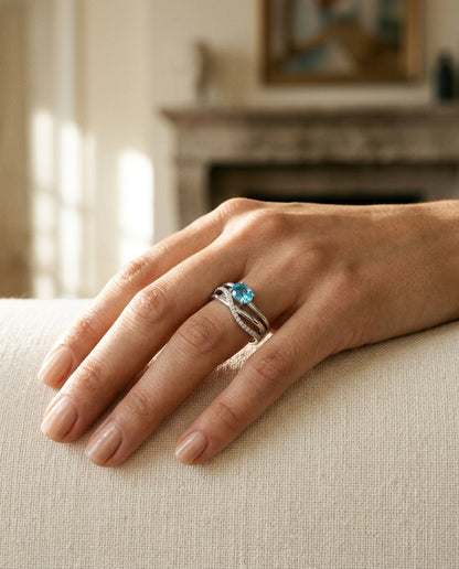 Blue Topaz and Diamond Pave Bypass Ring in 14k White Gold — portrait close