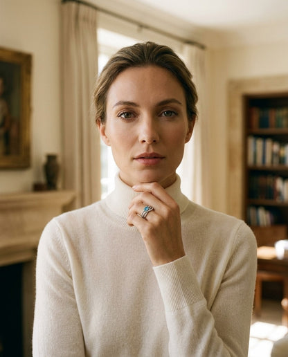 Blue Topaz and Diamond Pave Bypass Ring in 14k White Gold — portrait full