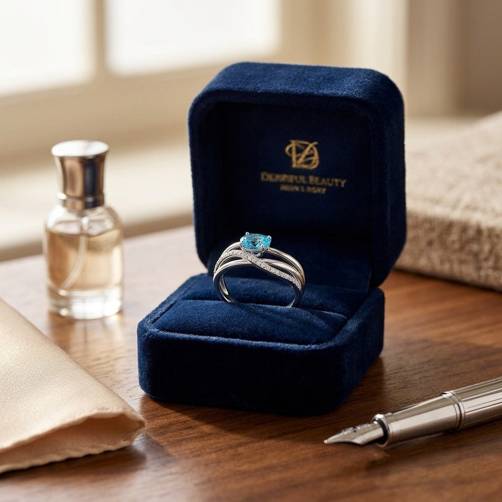 Blue Topaz and Diamond Pave Bypass Ring in 14k White Gold — velvet box