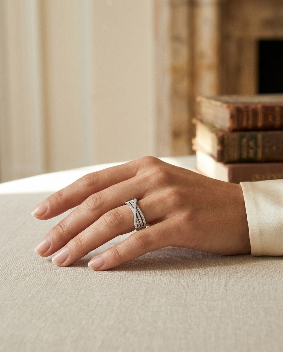 Diamond Pave Criss Cross Multi Row Band in 14k White Gold — portrait close