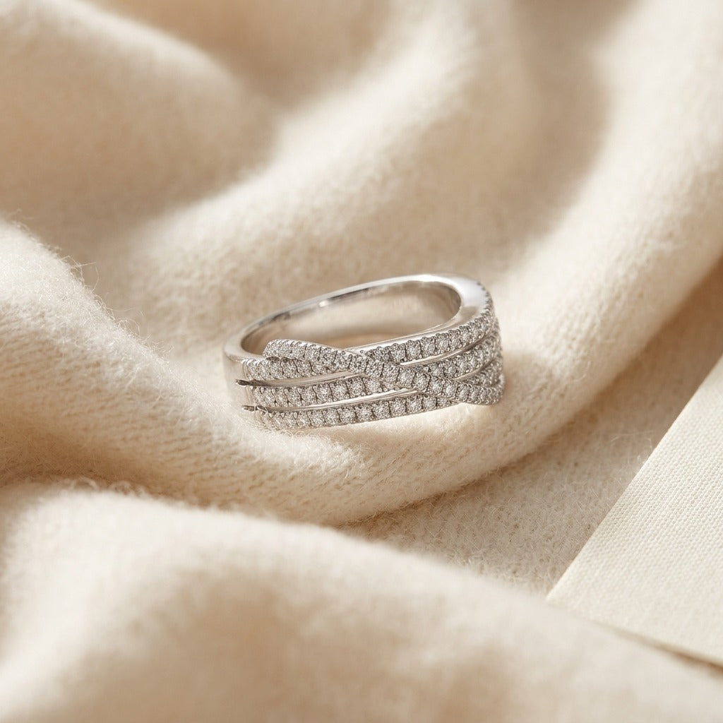 Diamond Pave Criss Cross Multi Row Band in 14k White Gold — textile flat lay
