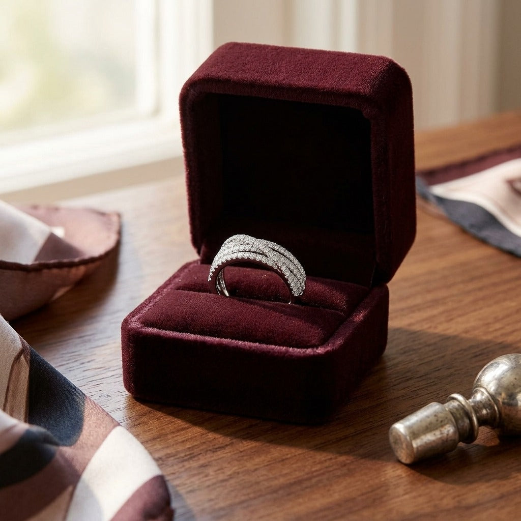 Diamond Pave Criss Cross Multi Row Band in 14k White Gold — velvet box