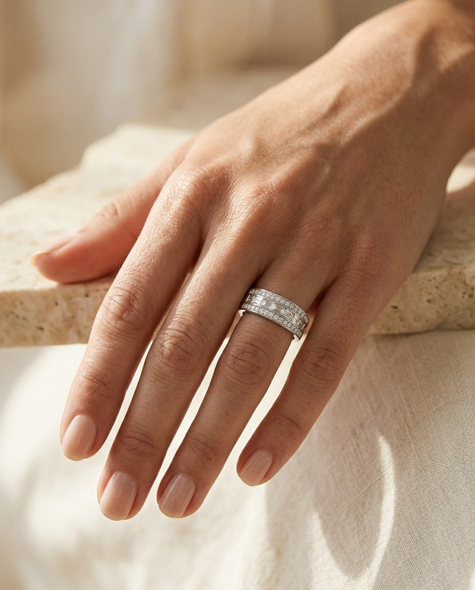Diamond Multi-Row Band with Baguette Channel Center and Pave Edges in 14k White Gold — portrait close