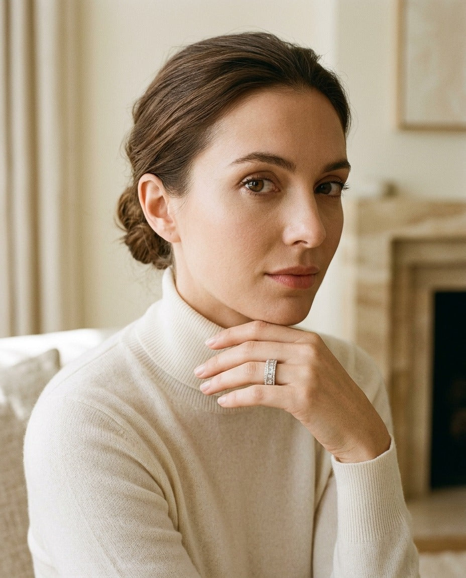 Diamond Multi-Row Band with Baguette Channel Center and Pave Edges in 14k White Gold — portrait full