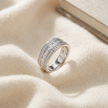 Diamond Multi-Row Band with Baguette Channel Center and Pave Edges in 14k White Gold — textile flat lay