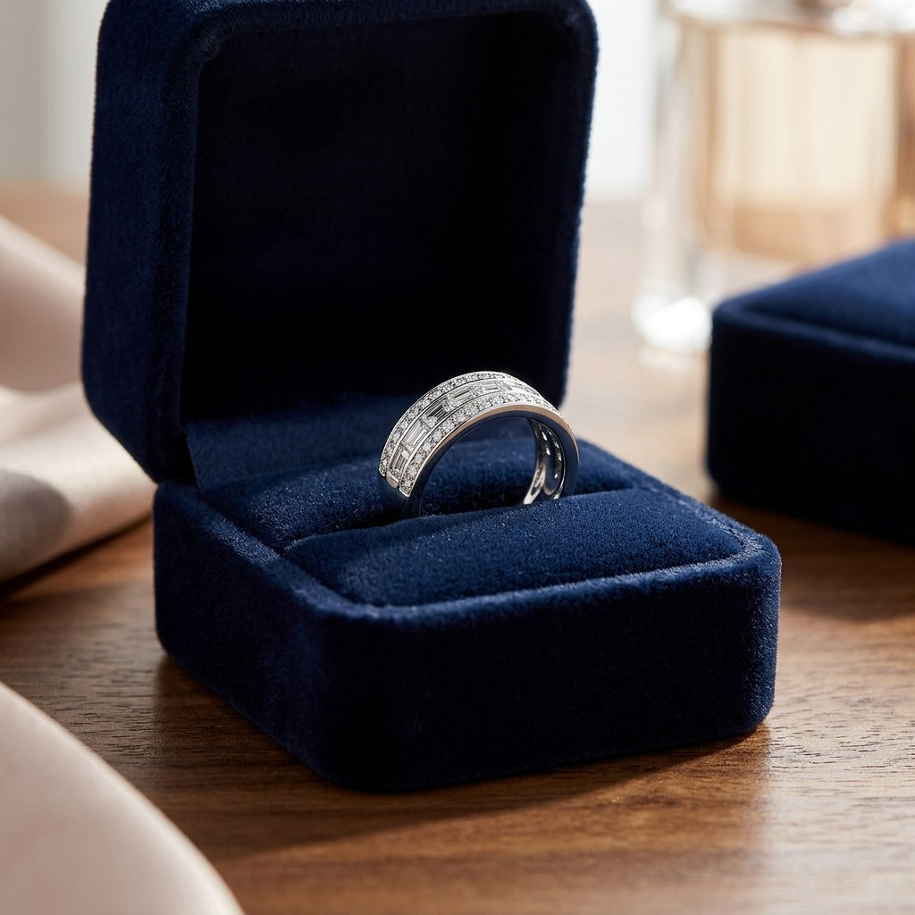 Diamond Multi-Row Band with Baguette Channel Center and Pave Edges in 14k White Gold — velvet box