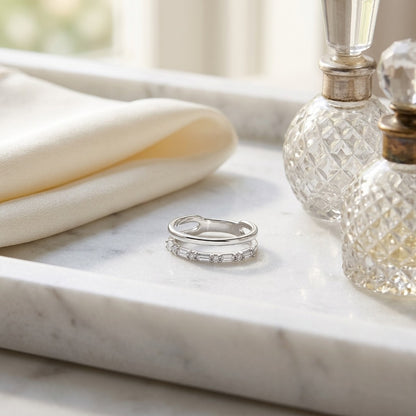 Diamond Round and Baguette Channel Open Band in 14k White Gold — marble silk