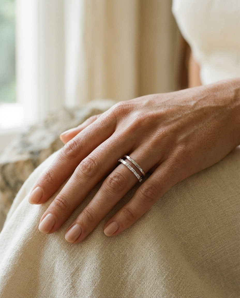 Diamond Round and Baguette Channel Open Band in 14k White Gold — portrait close
