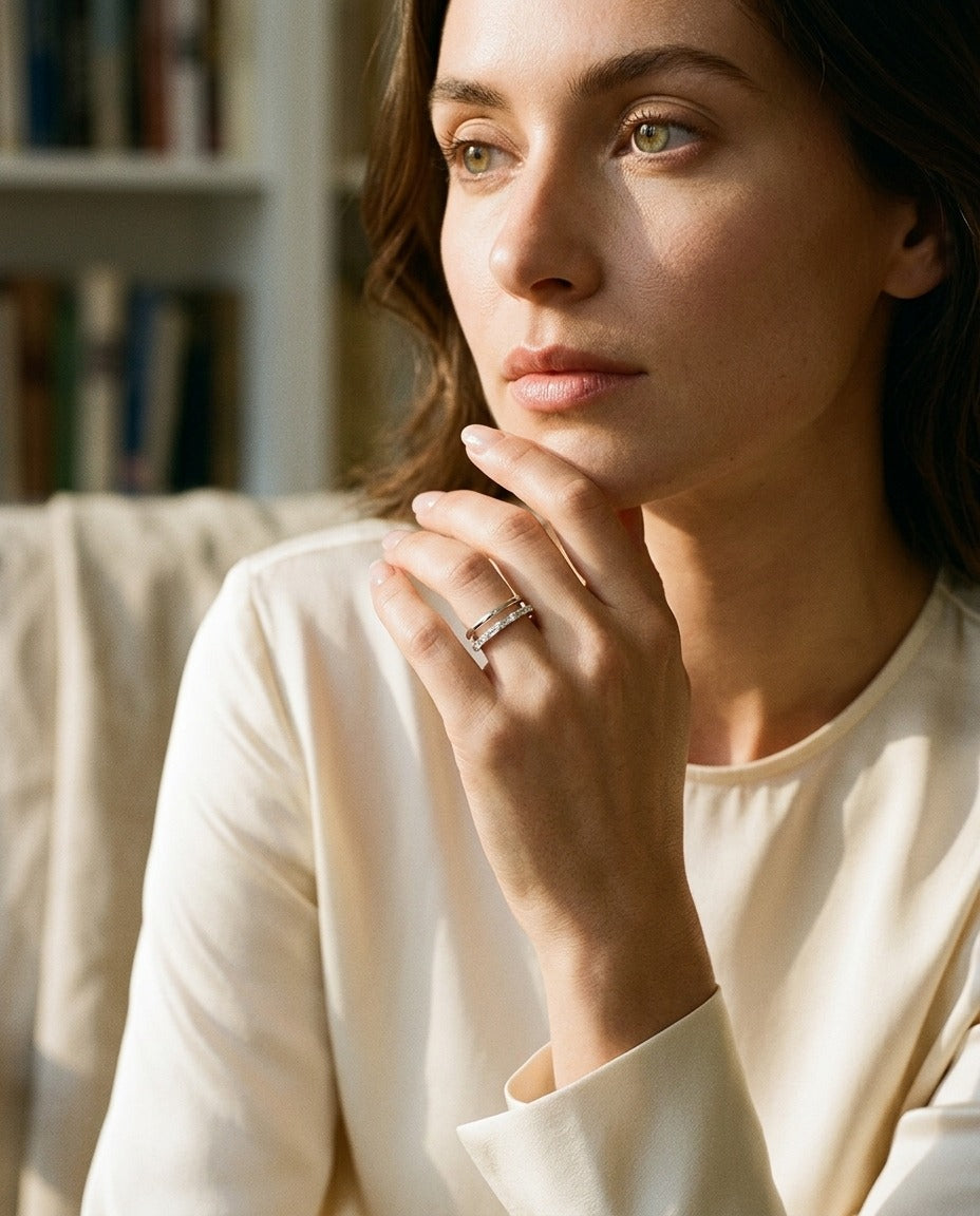 Diamond Round and Baguette Channel Open Band in 14k White Gold — portrait full