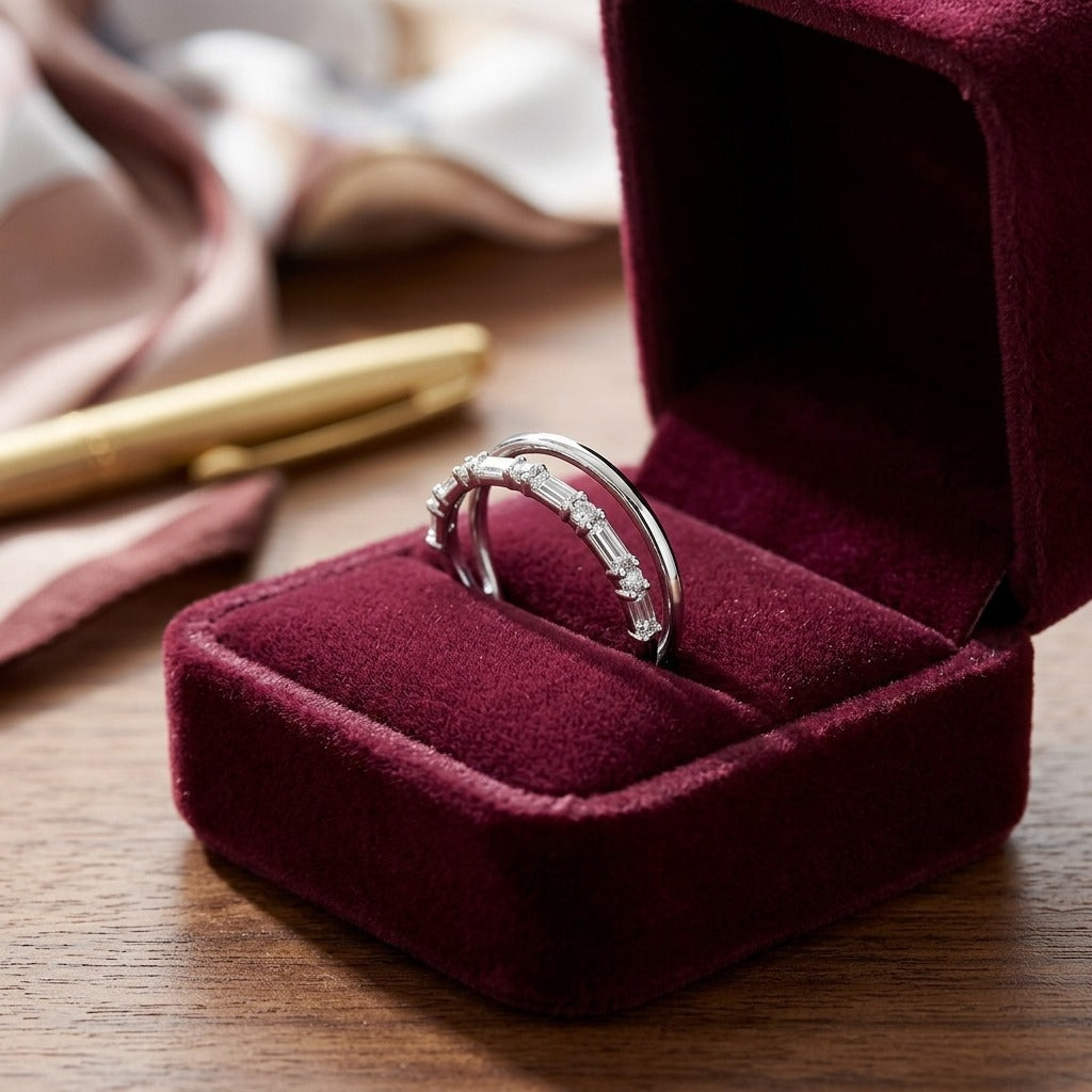 Diamond Round and Baguette Channel Open Band in 14k White Gold — velvet box