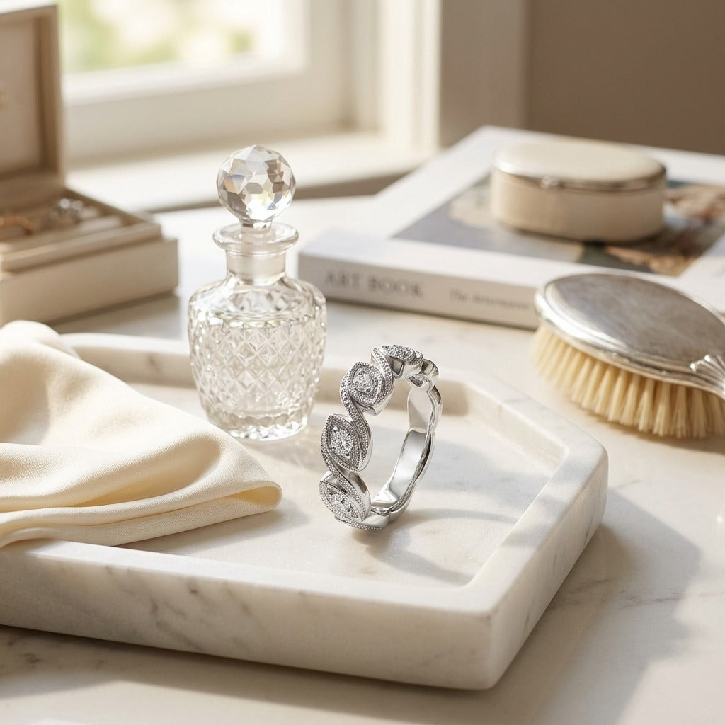 Diamond Leaf Band in 14k White Gold — marble silk