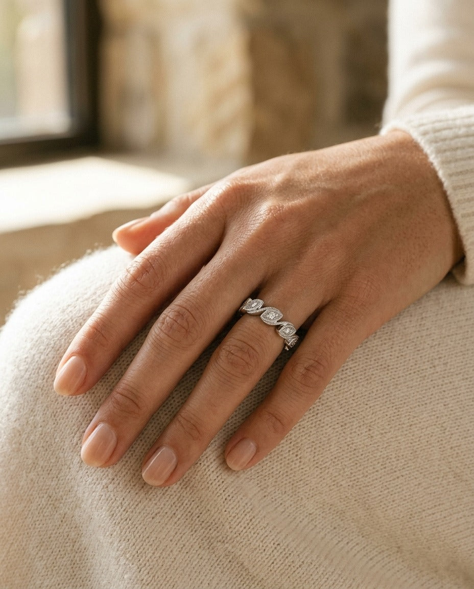 Diamond Leaf Band in 14k White Gold — portrait close