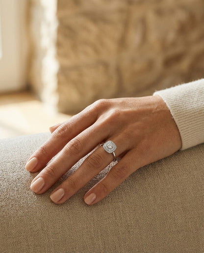 Diamond Cluster Cushion Halo Ring with Plain Shank in 14k White Gold — portrait close