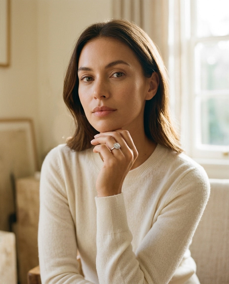 Diamond Cluster Cushion Halo Ring with Plain Shank in 14k White Gold — portrait full