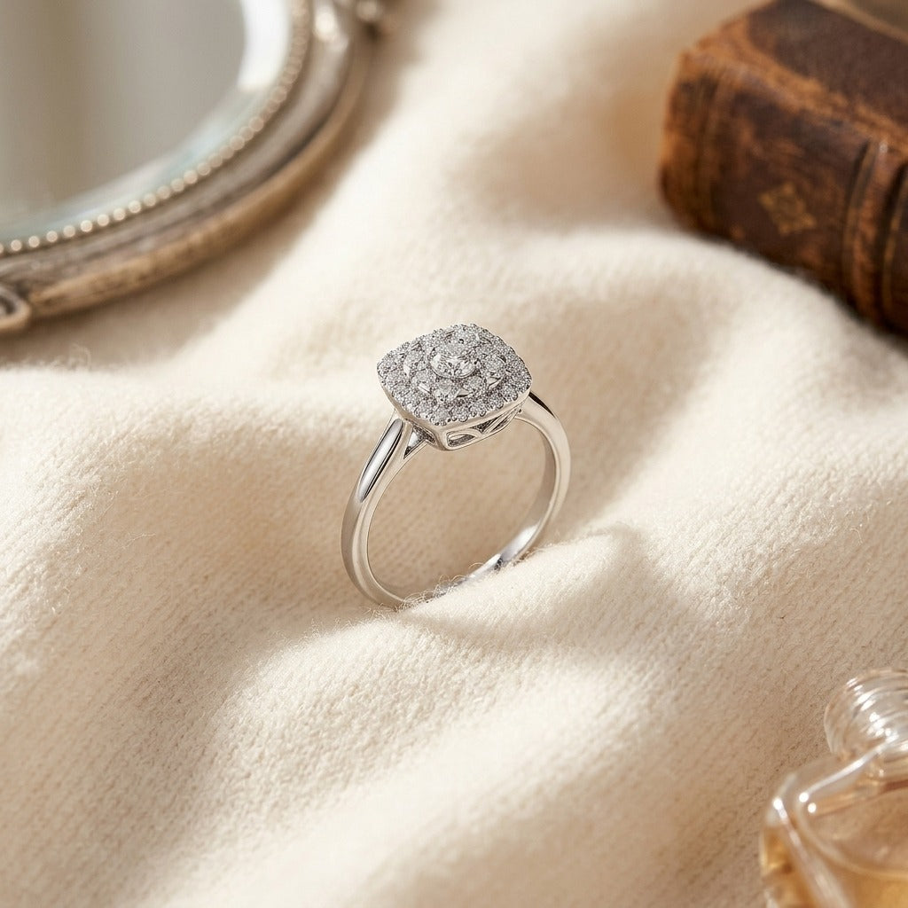 Diamond Cluster Cushion Halo Ring with Plain Shank in 14k White Gold — textile flat lay