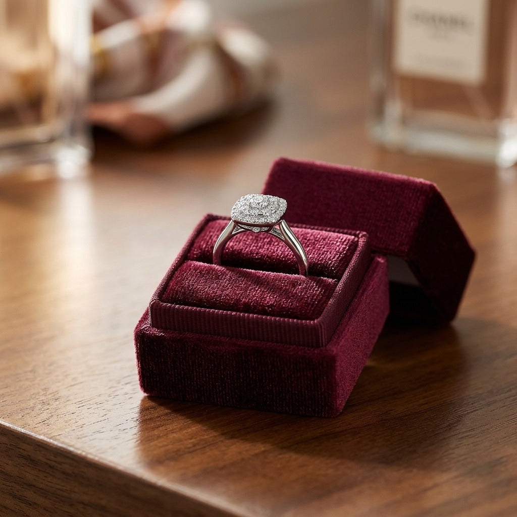 Diamond Cluster Cushion Halo Ring with Plain Shank in 14k White Gold — velvet box