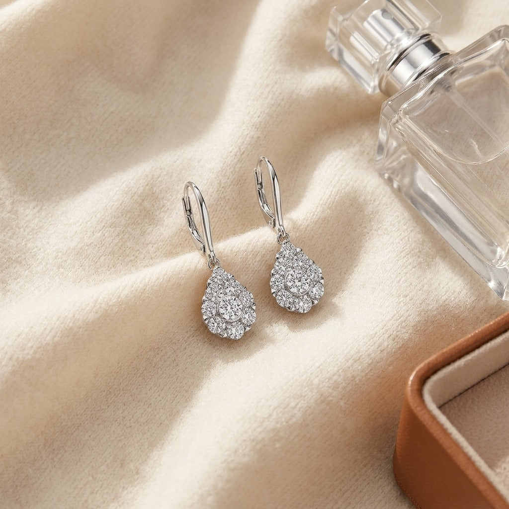 Diamond Teardrop Cluster Ring with Pave Shank in 14k White Gold (0.85ctw Equiv) All Si — textile flat lay