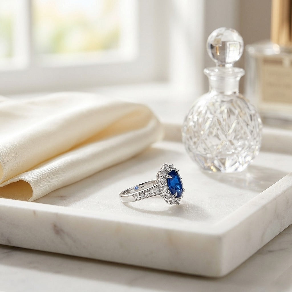 Sapphire and Diamond Oval Ring with Prong-Set Frame and Graduated Shank in 14k White Gold (8x6mm) — marble silk