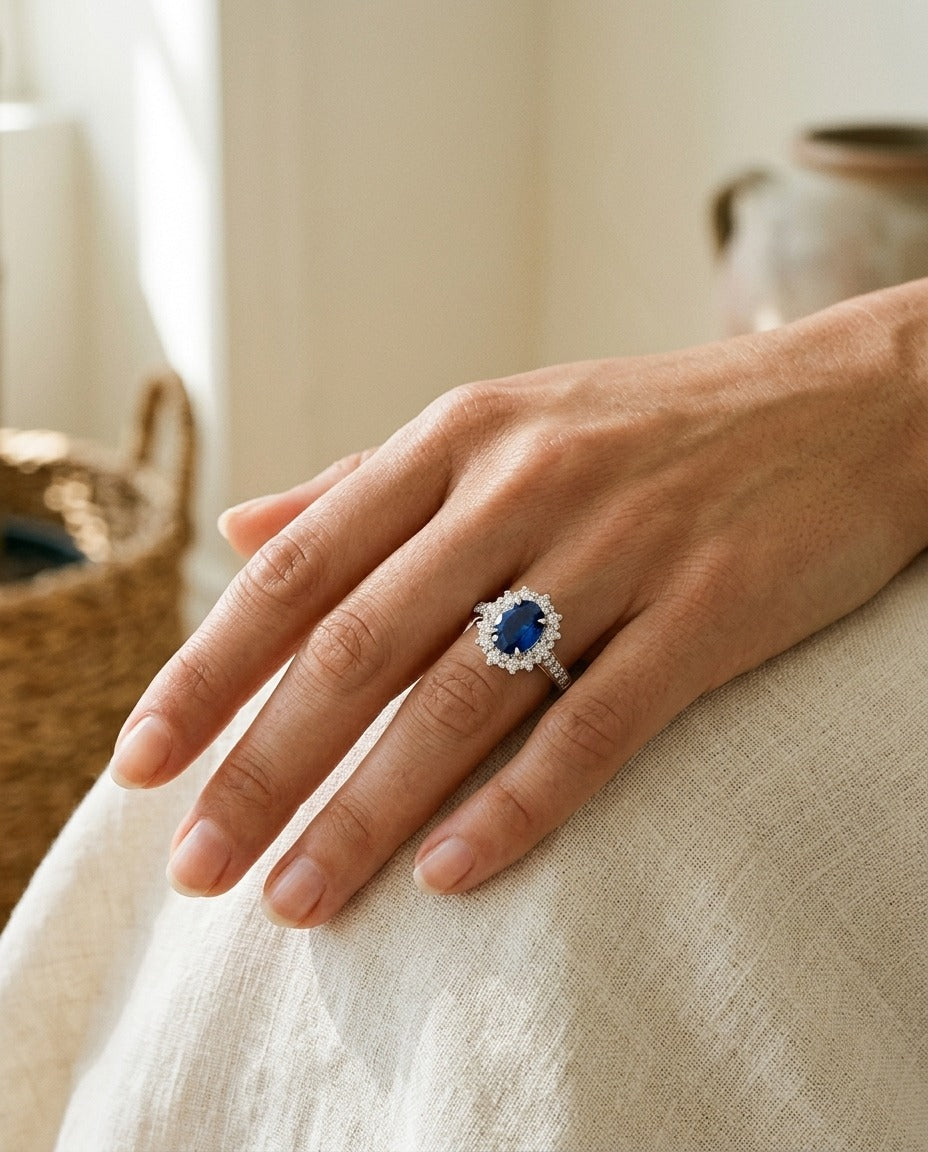 Sapphire and Diamond Oval Ring with Prong-Set Frame and Graduated Shank in 14k White Gold (8x6mm) — portrait close