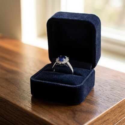 Sapphire and Diamond Oval Ring with Prong-Set Frame and Graduated Shank in 14k White Gold (8x6mm) — velvet box