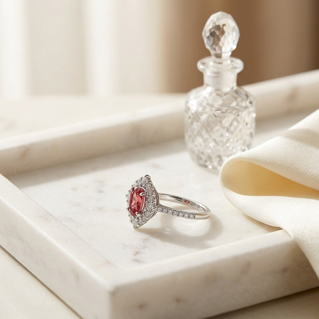 Pink Tourmaline and Diamond Oval Illusion Bezel Ring with Prong-Set Border and Shank in 14k White Gold (6x4mm) (Si) — marble silk