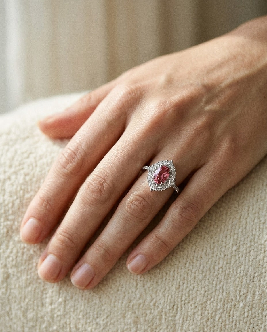 Pink Tourmaline and Diamond Oval Illusion Bezel Ring with Prong-Set Border and Shank in 14k White Gold (6x4mm) (Si) — portrait close
