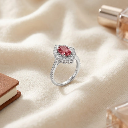 Pink Tourmaline and Diamond Oval Illusion Bezel Ring with Prong-Set Border and Shank in 14k White Gold (6x4mm) (Si) — textile flat lay