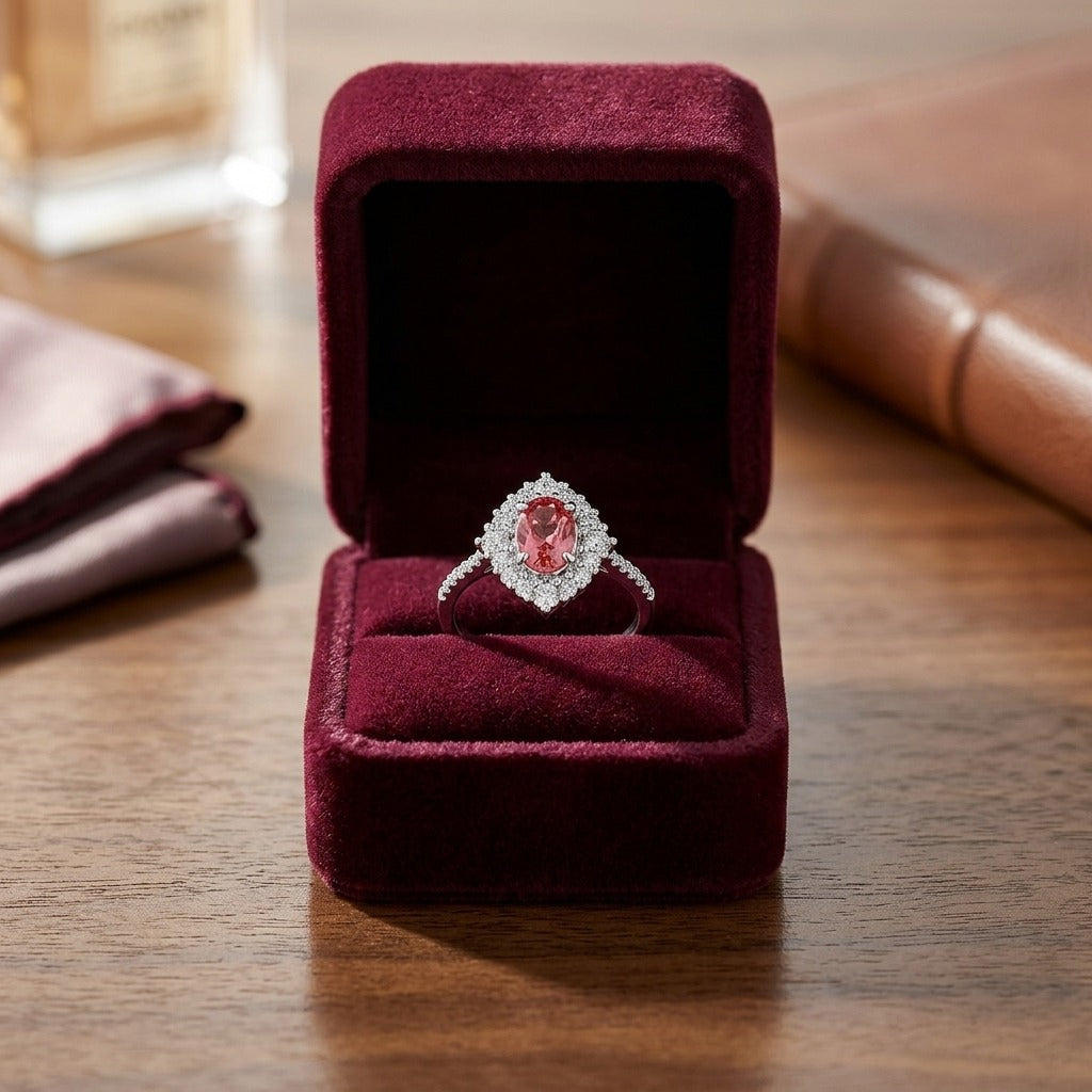Pink Tourmaline and Diamond Oval Illusion Bezel Ring with Prong-Set Border and Shank in 14k White Gold (6x4mm) (Si) — velvet box
