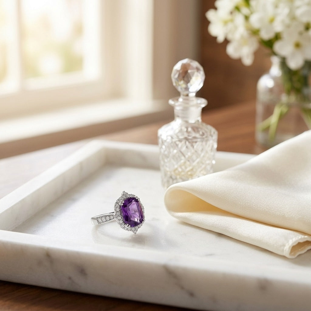 Amethyst Elongated Cushion Shield Ring with Diamond Border and Tapered Shank in 14k White Gold (9x7mm) - Size 6 — marble silk